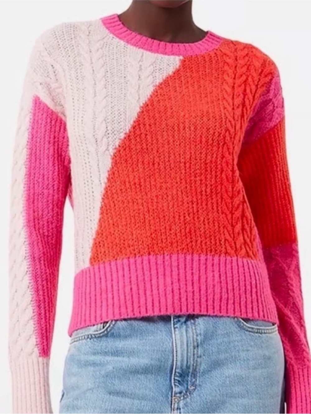 FRENCH CONNECTION Madelyn Colorblock Cable Knit Pullover Sweater Sz Medium Pink - Picture 1 of 8